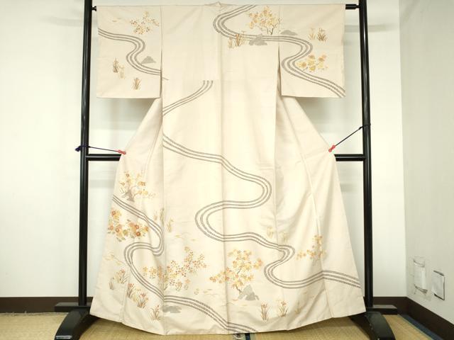 平和屋着物●訪問着 紬地 刺繍 流水花文 金彩 正絹 逸品 未使用 DABH0791op