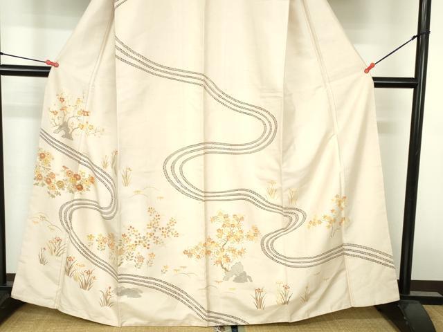 平和屋着物●訪問着 紬地 刺繍 流水花文 金彩 正絹 逸品 未使用 DABH0791op