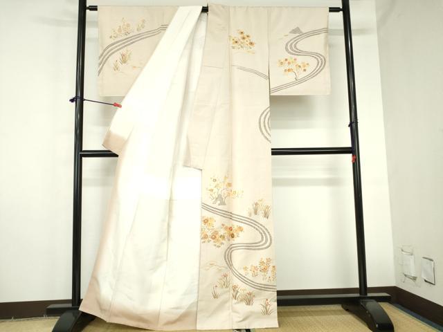 平和屋着物●訪問着 紬地 刺繍 流水花文 金彩 正絹 逸品 未使用 DABH0791op