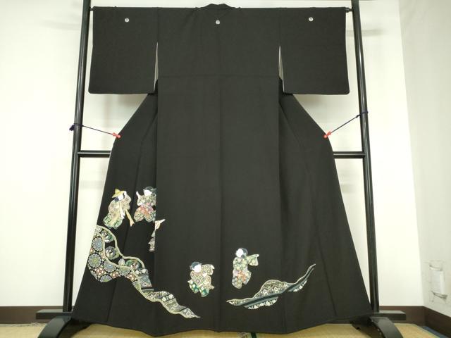 平和屋着物●豪華黒留袖 友禅 童子遊び 道長花鳥文 正絹 逸品 DABH0839op