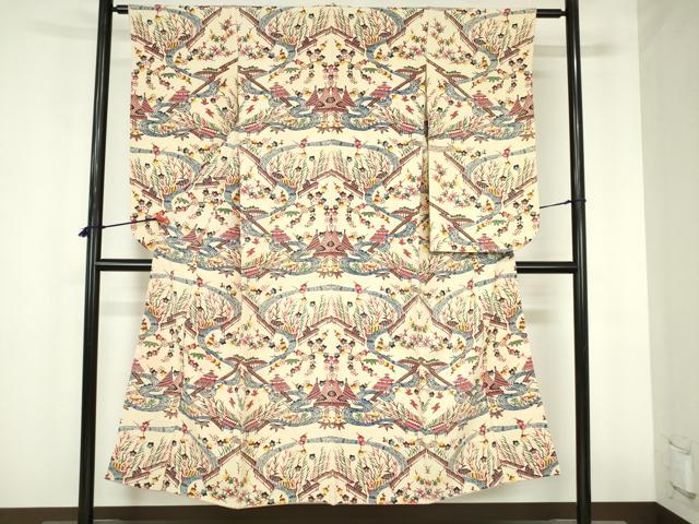 平和屋着物●城間栄順 本場琉球紅型 小振袖 風景花鳥文 正絹 逸品 DABH0849op