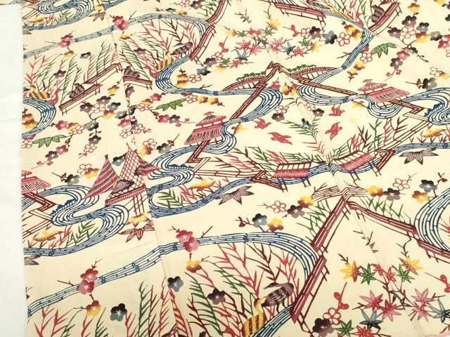 平和屋着物●城間栄順 本場琉球紅型 小振袖 風景花鳥文 正絹 逸品 DABH0849op