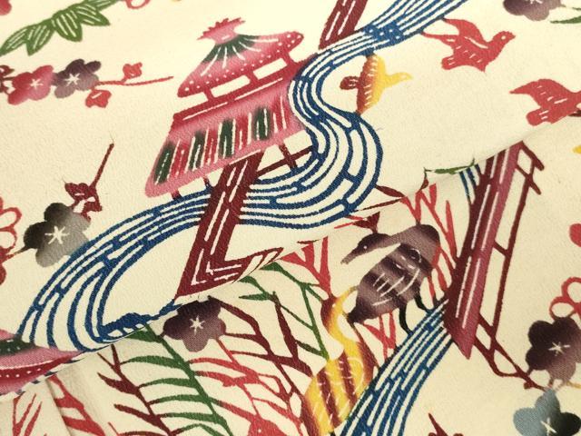 平和屋着物●城間栄順 本場琉球紅型 小振袖 風景花鳥文 正絹 逸品 DABH0849op