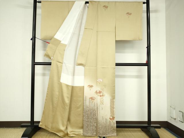 平和屋着物●訪問着 扇面花文 暈し染め 金彩 反端付き 正絹 逸品 DABH0850op