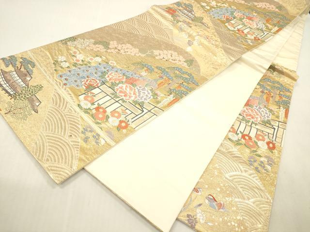 平和屋本店▼六通柄袋帯 唐織 孔雀風景花文 九百錦純金箔 正絹 逸品 DABH0900op