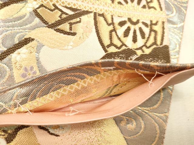 平和屋本店▼六通柄袋帯 唐織 御所車鴛鴦花文 本金箔 正絹 逸品 DABH0905op