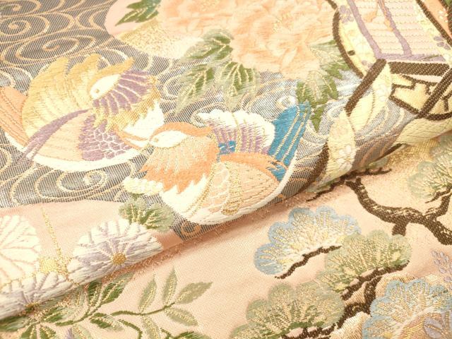 平和屋本店▼六通柄袋帯 唐織 御所車鴛鴦花文 本金箔 正絹 逸品 DABH0905op