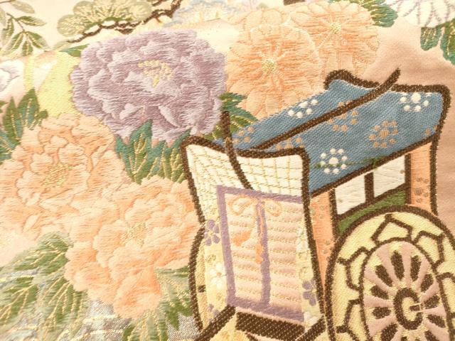 平和屋本店▼六通柄袋帯 唐織 御所車鴛鴦花文 本金箔 正絹 逸品 DABH0905op