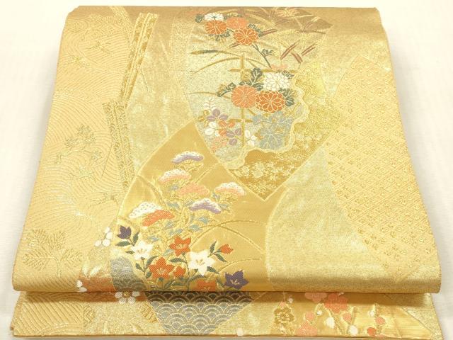 平和屋本店▼六通柄袋帯 扇取草花文 純金二重箔 正絹 逸品 DABH0912op