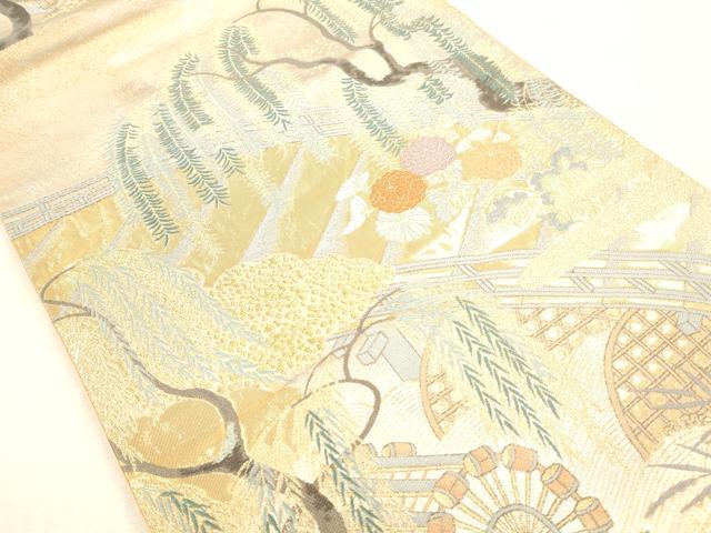 平和屋本店▼六通柄袋帯 唐織 柳橋水車華文 本金箔 正絹 逸品 DABH0917op