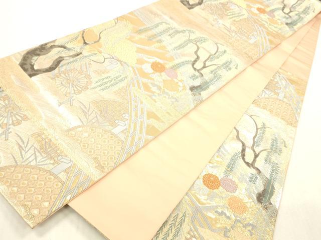 平和屋本店▼六通柄袋帯 唐織 柳橋水車華文 本金箔 正絹 逸品 DABH0917op