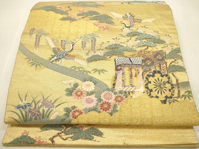 平和屋着物▼太鼓柄袋帯 御所車飛鶴花文 箔金綴 正絹 逸品 DABH0932op