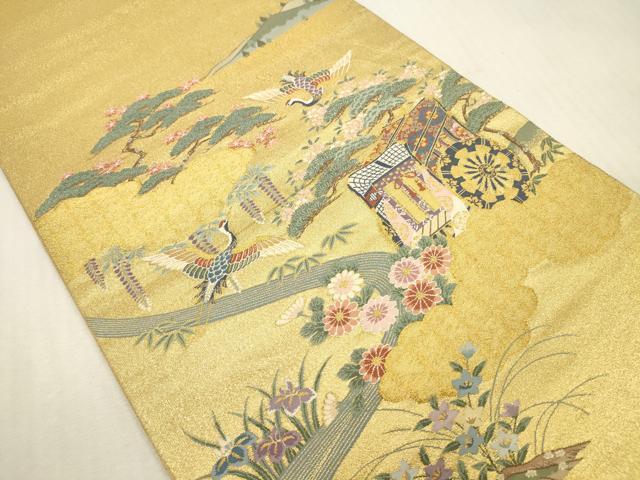 平和屋着物▼太鼓柄袋帯 御所車飛鶴花文 箔金綴 正絹 逸品 DABH0932op