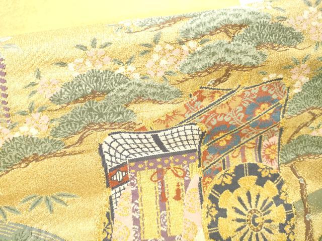 平和屋着物▼太鼓柄袋帯 御所車飛鶴花文 箔金綴 正絹 逸品 DABH0932op