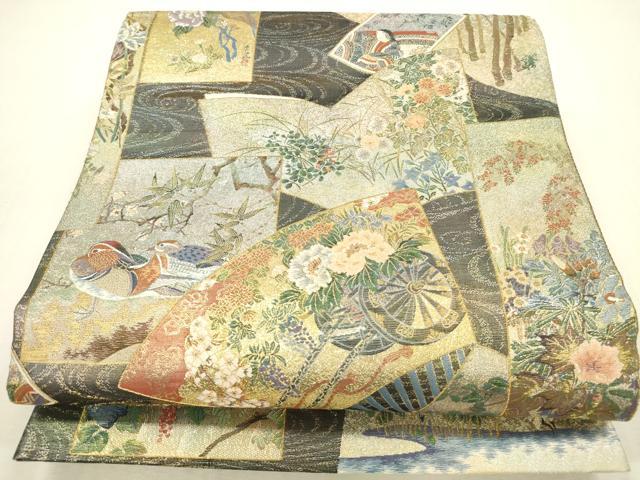 平和屋本店▼極上 西陣あさぎ 丸帯 日本絵画全集 壱阡八百口織 プラチナ本金箔 さが美扱い 正絹 逸品 DABH0939op