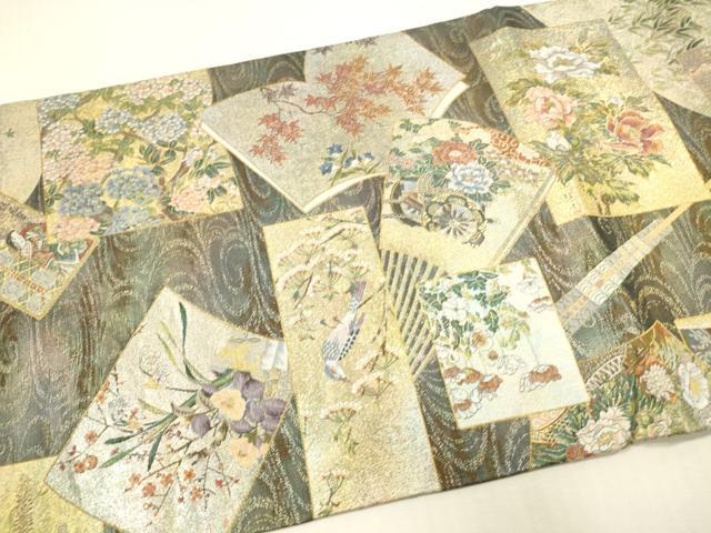 平和屋本店▼極上 西陣あさぎ 丸帯 日本絵画全集 壱阡八百口織 プラチナ本金箔 さが美扱い 正絹 逸品 DABH0939op