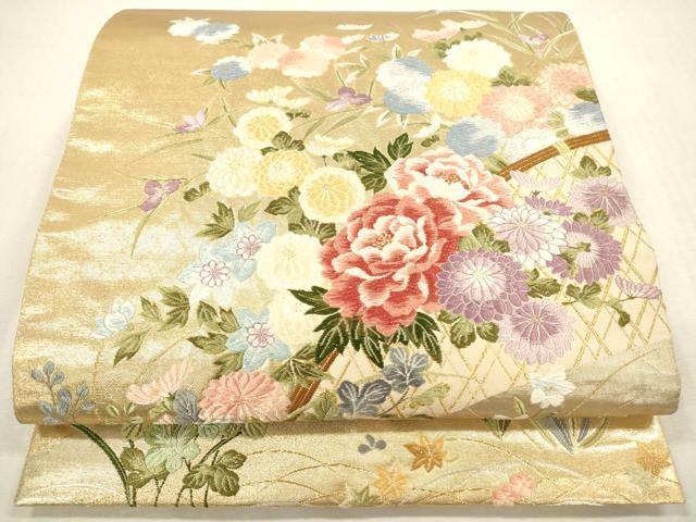 平和屋本店▼六通柄袋帯 唐織 光悦垣草花文 本金箔 正絹 逸品 DABH0952op