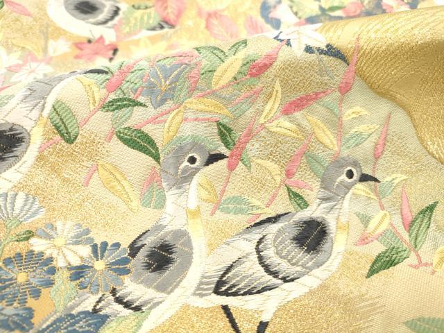 平和屋本店▼本加賀友禅作家 百貫華峰 六通柄袋帯 唐織 花鳥文 枝梅 純金箔 正絹 逸品 DABH0953op
