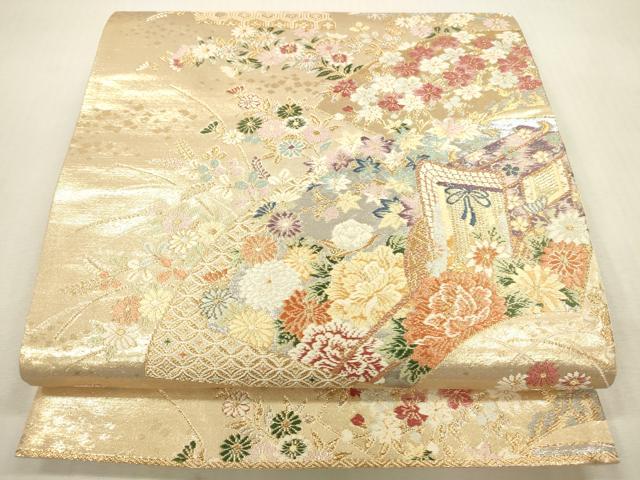 平和屋本店▼六通柄袋帯 唐織 瑞鳥花扇面紋 本金二重箔 正絹 逸品 DABH0955op