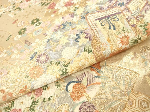 平和屋本店▼六通柄袋帯 唐織 瑞鳥花扇面紋 本金二重箔 正絹 逸品 DABH0955op