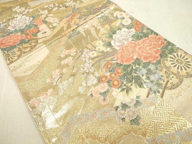 平和屋本店▼六通柄袋帯 唐織 屏風花車文 本金箔 正絹 逸品 DABH0977op
