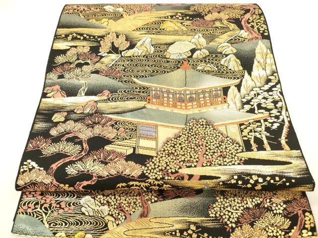 平和屋本店▼六通柄袋帯 洛東名園 手織二重箔 純金箔 黒地 正絹 逸品 DABH0993op