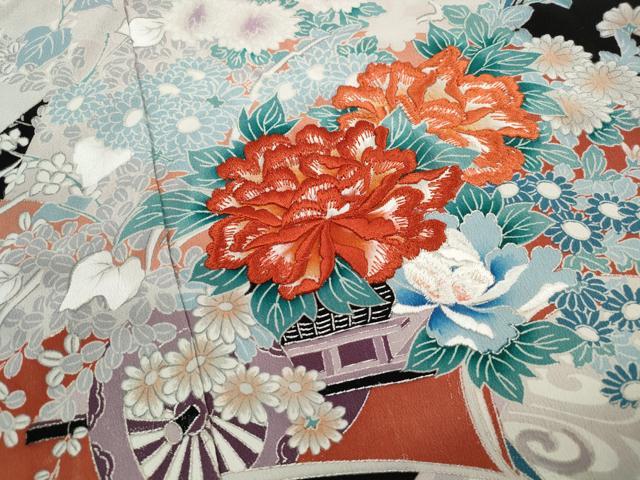平和屋着物■豪華黒留袖 刺繍 花車文 銀彩 仮絵羽 正絹 逸品 未使用 DABH1037qa