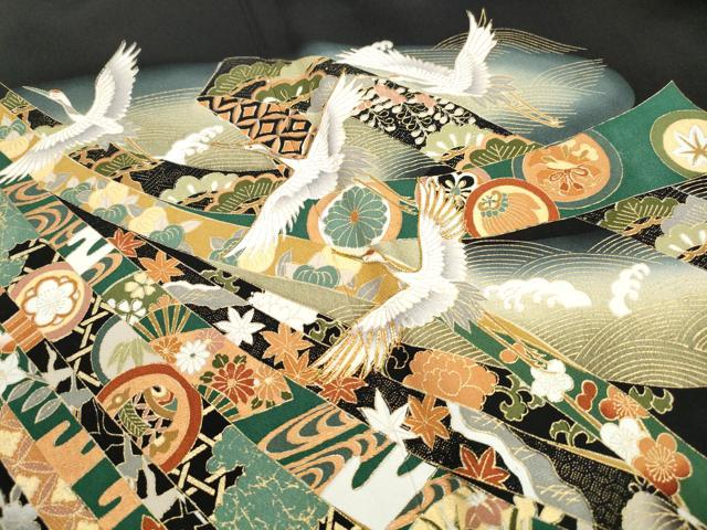 平和屋着物■豪華黒留袖 駒刺繍 鬘帯飛鶴花文 暈し染め 金彩 正絹 逸品 DABH1066qa