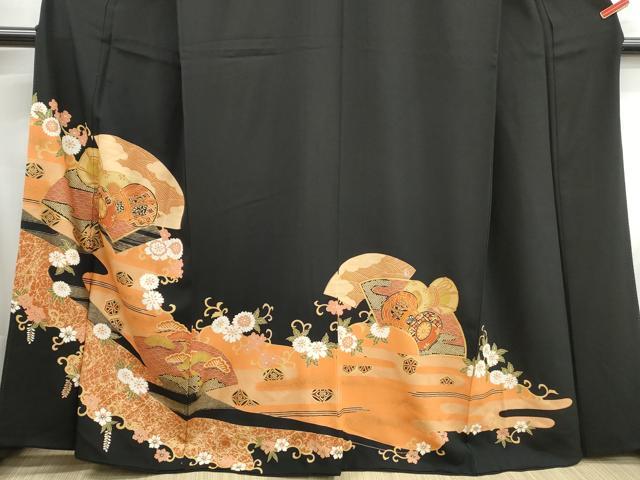 平和屋着物■豪華黒留袖 刺繍 地紙花鼓文 金彩 正絹 逸品 DABH1116qa
