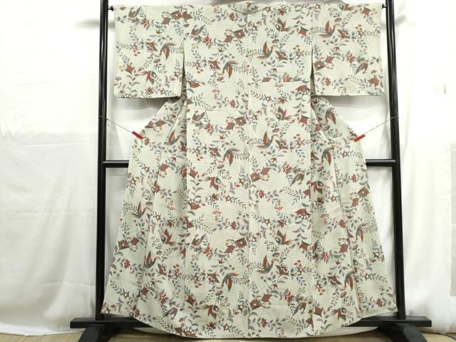 平和屋着物■上質な小紋 更紗花鳥文 金彩 鬼しぼ縮緬 正絹 逸品 DABH1180qa