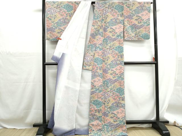 平和屋着物■小紋 型染め 松皮菱草花文 洗える着物 DABH1291qa
