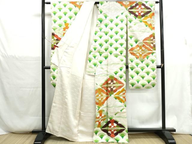 平和屋着物■豪華振袖 駒刺繍 双鶴青海波文 金彩 正絹 逸品 DABH1340qa