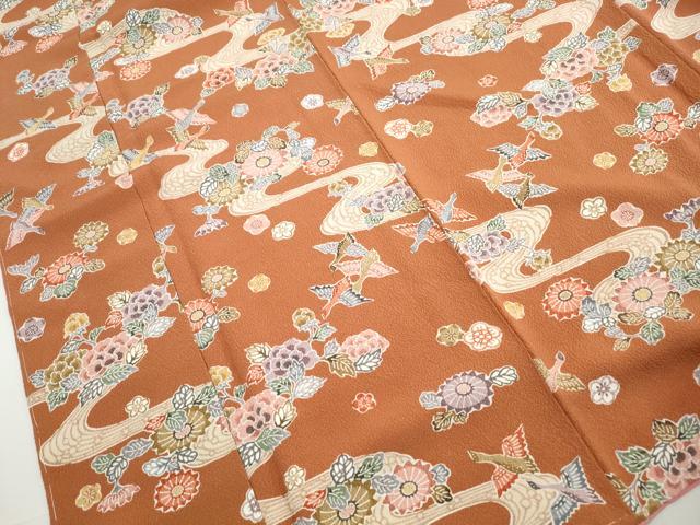 平和屋着物■上質な小紋 型染め 流水花鳥文 鬼しぼ縮緬 正絹 逸品 DABH1351qa