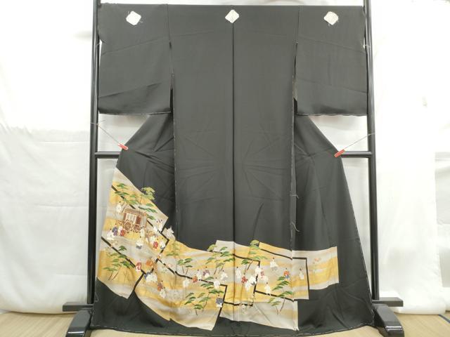 平和屋着物■豪華黒留袖 駒刺繍 人物風景文 金彩 反端付き 仮絵羽 正絹 逸品 未使用 DABH1384qa