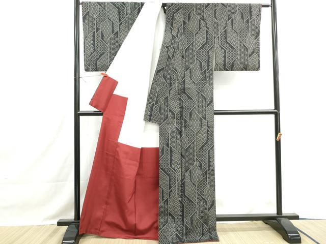平和屋着物■上質な紬 幾何学青海波文 黒地 正絹 逸品 DABH1437qa