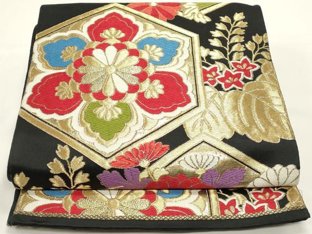 平和屋着物◎六通柄袋帯 唐織 亀甲花文 黒地 金銀糸 正絹 逸品 DABH1529cd