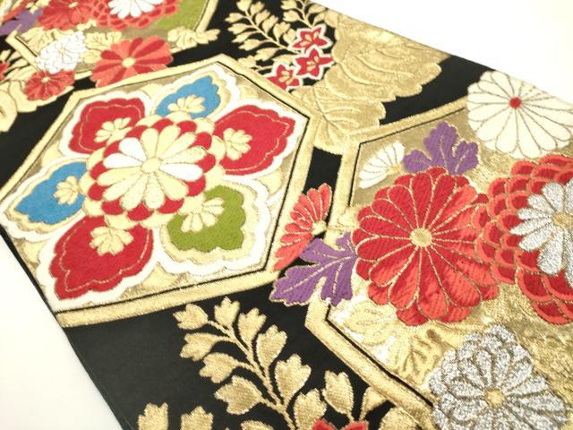平和屋着物◎六通柄袋帯 唐織 亀甲花文 黒地 金銀糸 正絹 逸品 DABH1529cd
