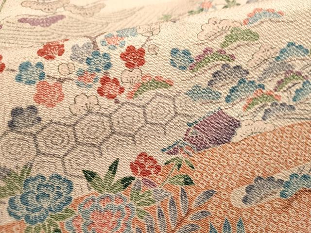 平和屋着物■上質な小紋 渡橋吉祥花文 鬼しぼ縮緬 正絹 逸品 DABH1598cd