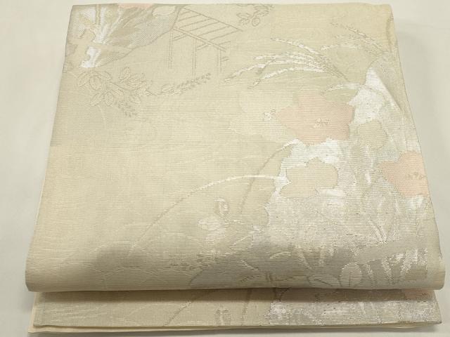 平和屋着物*夏物 六通柄袋帯 道長草花文 銀糸 正絹 逸品 DABH1629cd