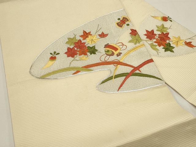 平和屋着物*夏物 九寸名古屋帯 駒刺繍 宝尽くし花文 銀糸 正絹 逸品 DABH1643cd