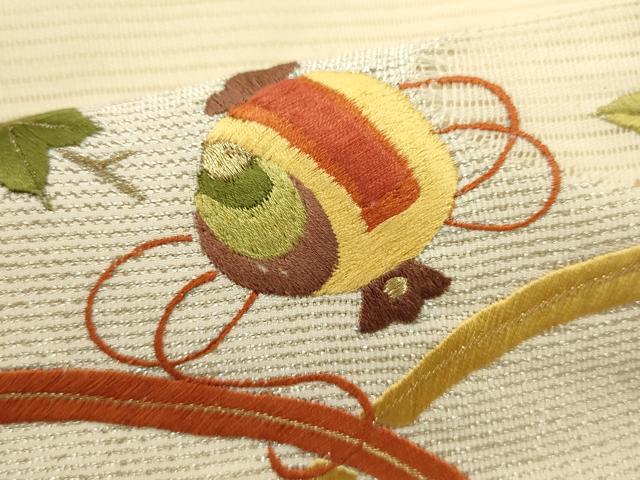 平和屋着物*夏物 九寸名古屋帯 駒刺繍 宝尽くし花文 銀糸 正絹 逸品 DABH1643cd