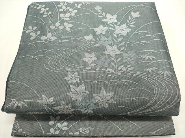 平和屋着物*夏物 六通柄袋帯 流水草花文 銀糸 正絹 逸品 DABH1645cd