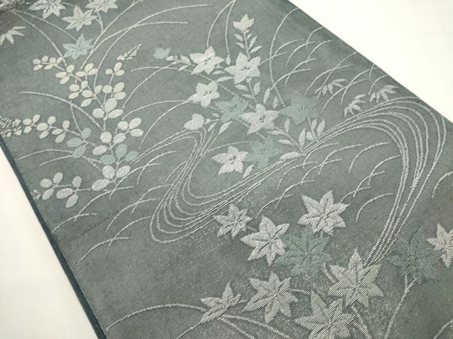 平和屋着物*夏物 六通柄袋帯 流水草花文 銀糸 正絹 逸品 DABH1645cd