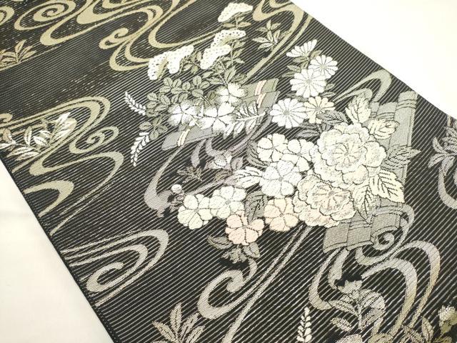 平和屋着物*夏物 六通柄袋帯 唐織 流水花筏文 黒地 金糸 正絹 逸品 DABH1664cd