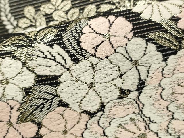 平和屋着物*夏物 六通柄袋帯 唐織 流水花筏文 黒地 金糸 正絹 逸品 DABH1664cd