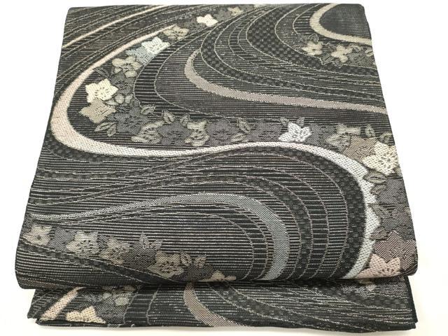 平和屋着物*夏物 六通柄袋帯 流水花文 黒地 銀糸 正絹 逸品 DABH1684cd