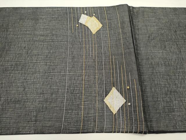 平和屋着物*夏物 太鼓柄袋帯 すくい織 菱文 黒地 金銀糸 正絹 逸品 DABH1685cd