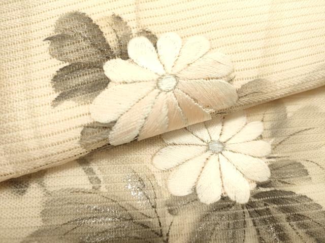 平和屋着物*夏物 九寸名古屋帯 作家物 手描き 刺繍 草花文 銀彩 正絹 逸品 DABH1731cd