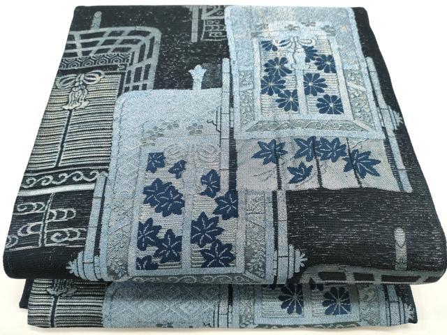 平和屋着物*夏物 六通柄袋帯 藍 御所車花文 銀糸 正絹 逸品 DABH1738cd