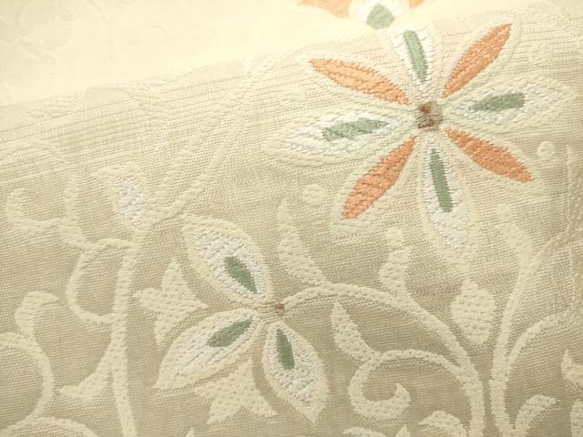 平和屋着物▽六通柄袋帯 スリーシーズン 春夏秋 風通織 花唐草文 ぜんまい紬使用 正絹 逸品 DABH1748cd